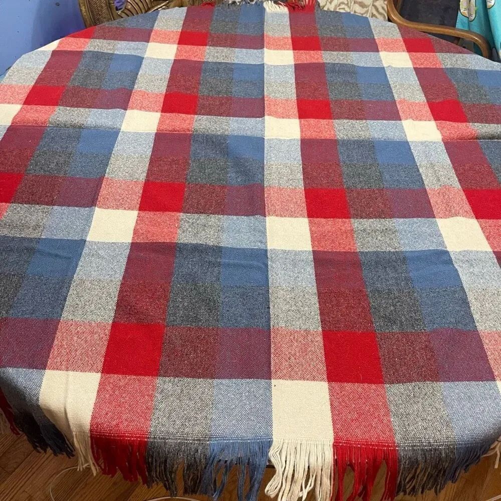 Faribo Red White Blue Plaid Wool Vintage Blanket